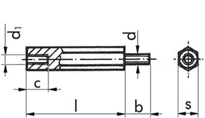 Abstandsbolzen mit Innen- und Außengewinde - Stahl - verzinkt blau - Schlüsselweite 5,5 - M3 X 5-3-6 - mit Gewindefreistich